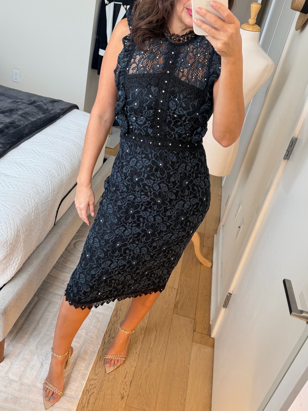 Zara Black Lace Midi Dress with Beaded Accents